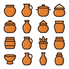 Clay Pot Varieties modern flat style . earthen pot, water pitcher, cooking pot, rice pot, storage jar, terracotta urn, incense pot, plant pot, keg pot, milk pot, herbal