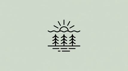 A minimalist line art logo design featuring three pine trees in a horizontal arrangement against a wavy horizon line.