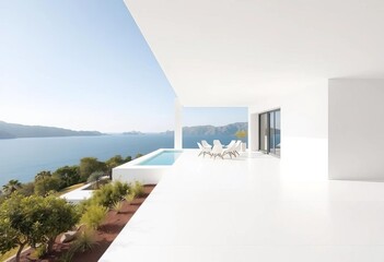 Fototapeta premium Modern white villa, expansive sea view, minimalist architecture, clean lines, empty space, light, serene