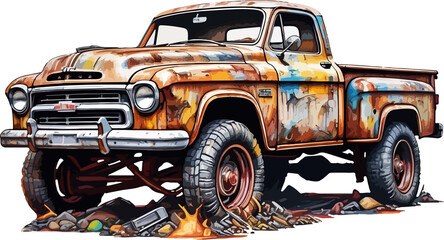 An old, rusty, red military 4x4 pickup truck isolated on white, a classic antique toy vehicle for off-road transport