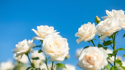 Obraz premium White roses blooming under a clear blue sky, symbolizing purity and springtime.