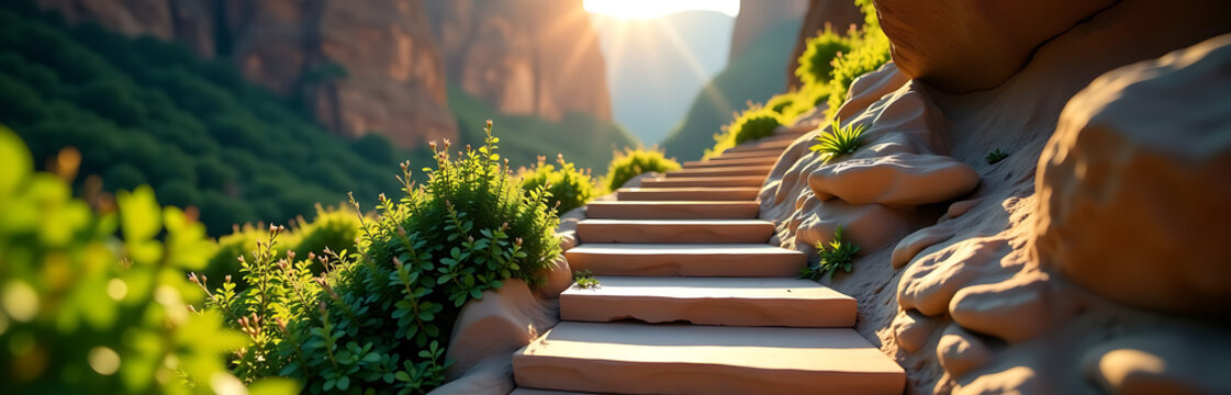 warm sun casts dappled shadows pale stone steps winding serene canyon landscape surrounded lush greenery towering - Powered by Adobe