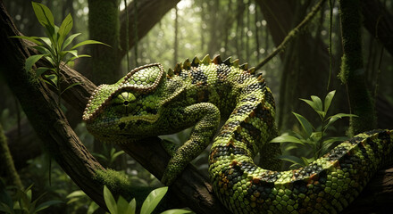 Fototapeta premium A chameleon and snake mix camouflaged in the jungle – macro style, high detail 