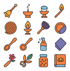 Puja Thali Ritual Tools modern flat style . bell stick, incense burner, camphor holder, matchstick, wick coil, flame stand, soot brush, plate wipe, offering spoon, water