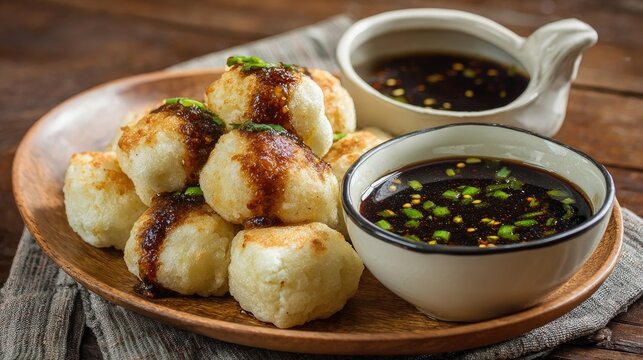 Food fried balls, dark sauce