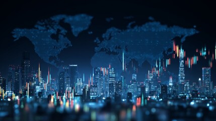 A futuristic cityscape skyline is illuminated at night, representing global finance and digital technology