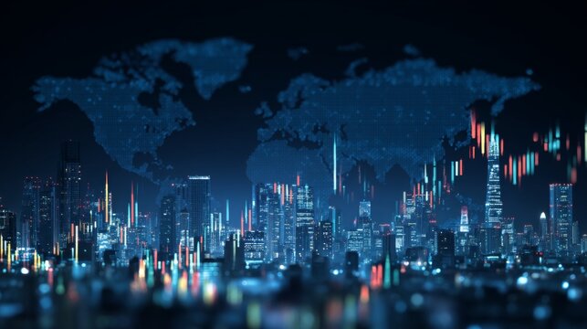 A futuristic cityscape skyline is illuminated at night, representing global finance and digital technology