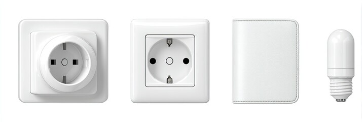 Three white electrical outlets and a lightbulb