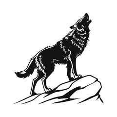 Howling Wolf Silhouette on Mountain Peak – Black and White Vector Illustration .