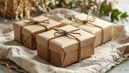 Rustic gift boxes with twine on linen cloth.