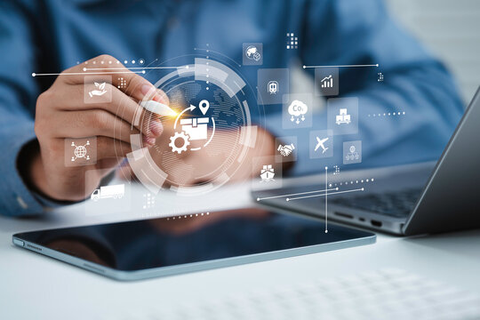 Green logistic concept to sustainable transport. Business use ai technology to logistics freight transportation import export to control tracking cargo delivery distribution. Management supply chain