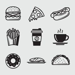 Collection of nine black and white icons representing popular fast food items