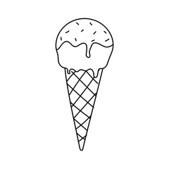 Ice cream cone with dripping chocolate syrup in a simple black and white sketch style