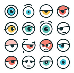 Obraz premium Eyeball Emotions modern flat style . curious eye, surprised eye, tired eye, angry glare, joyful wink, sad tear-eye, fearful wide-eye, skeptical eye, dreamy half-lid