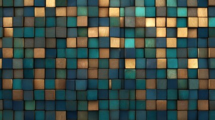 Fototapeta premium Colorful mosaic pattern of squares in turquoise and gold tones.