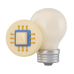 3D Icon, A lightbulb with AI chip inside, soft yellow glow and silver base., isolated on a white background