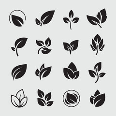 Fototapeta premium Collection of sixteen modern black leaf icons representing nature and growth
