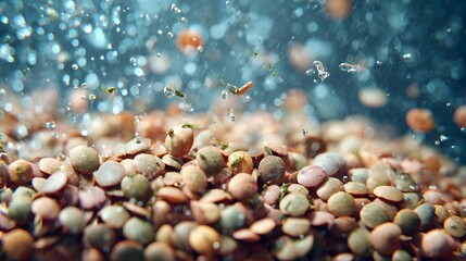 Fototapeta premium A closeup shot of lentil grains submerged in clear water, enhanced by specks of herbs promoting a zero waste lifestyle.