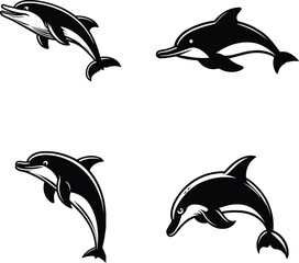 Obraz premium Four dynamic dolphin illustrations in a bold black silhouette style