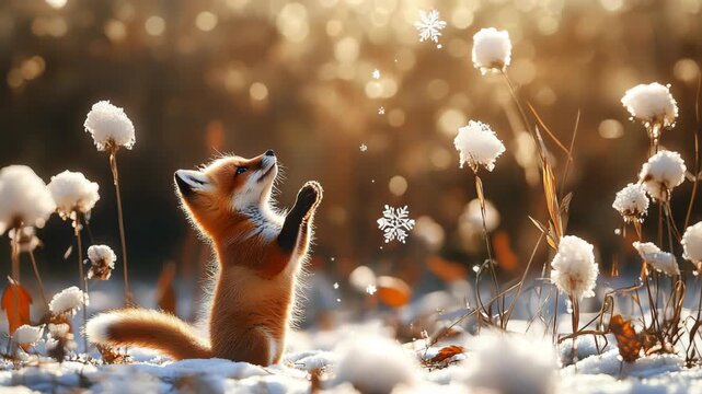 Playful Red Fox Kit in Snowy Winter Wonderland