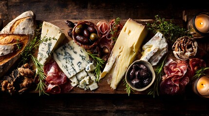 An exquisite overhead view of a platter featuring artisan French cheese and cured meats on a rustic wood board, illuminated by soft candlelight.