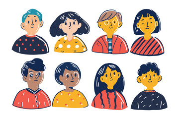 Diverse Illustrated Portrait Collection: An array of cartoon portraits showcasing diverse ethnicities and personalities in a simple and eye-catching illustrative style.
