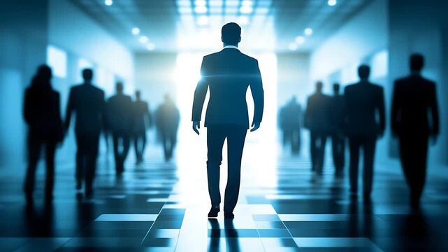 Silhouetted businessman walking through a bright corridor filled with people, suggesting movement and purpose