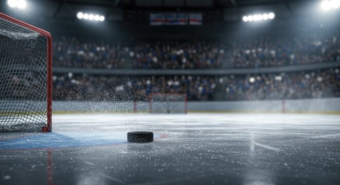 Hockey Puck on Ice Rink Near Goal, Stadium Lights, Crowd - Powered by Adobe