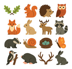 Fototapeta premium Woodland Animals modern flat style . Oak leaf garland, Squirrel, Hedgehog, Owl, Fox, Rabbit, Deer, Raccoon, Badger, Snail, Bird nest, Butterfly, Woodpecker, Mole, Antlers
