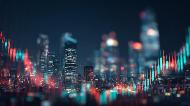 A blurred cityscape at night is overlaid with financial stock market charts, representing the complexities of trading