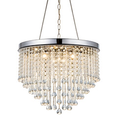 A hanging crystal rain lamp with suspended droplets glowing individually. isolated on a white background