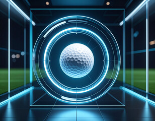 A stunning image of a glowing golf ball encased in a futuristic, transparent structure or indoor golf interface