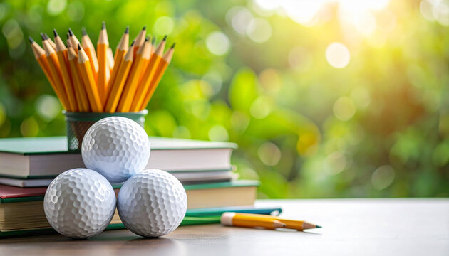 Golf balls, pencils, and books create a unique educational concept against a sunny backdrop - Powered by Adobe