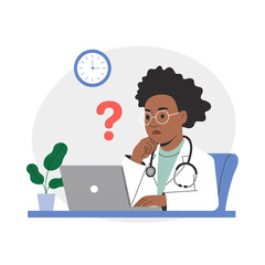 A flat, minimalist illustration of a healthcare professional at a desk. The figure is wearing a white lab coat, glasses, and has a stethoscope around their neck.