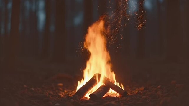 Heat up storytelling through dramatic 4K vertical shot roaring campfire against pitch black forest sparks flying slow motion conveying adventure survival cosy gathering mood travel vlogs music