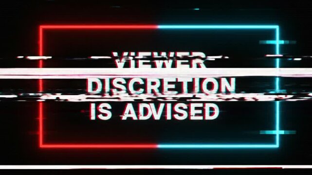 viewers discretion screen with neon style and glitch effects