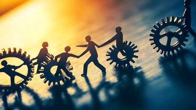 Silhouettes of people working together with gears at sunset, symbolizing teamwork and collaboration
