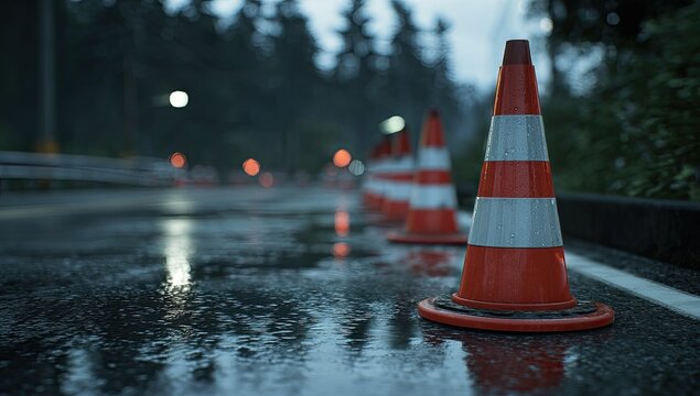 Wet road, traffic cones, construction