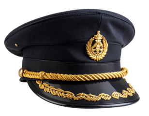 Stylish black captain’s hat featuring a glossy golden badge insignia and braided gold.