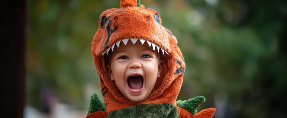 The joyful child in a vibrant dinosaur costume enjoying the outdoors.