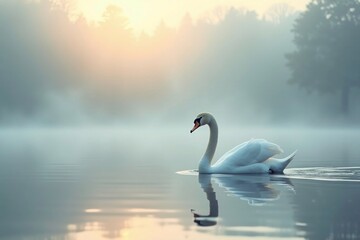 Fototapeta premium A swan is swimming in a lake with a cloudy sky in the background