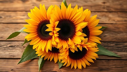 Obraz premium Rustic wooden table showcasing a vibrant sunflower arrangement under warm lighting.