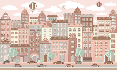 Children's illustration of cute light green and beige houses, air balloons and cars. Seamless horizontal background of a city street in summer. © veter