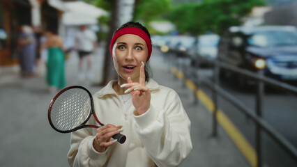Woman with racket on city street, young and focused, exploring ideas while navigating urban...