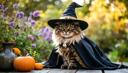 Fluffy cat in witch costume in garden setting