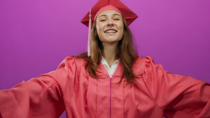 Young woman in graduation attire smiling confidently against a vibrant pink background, embodying a...