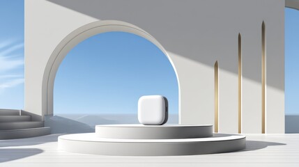 Dark Modern Product Mockup: Sleek Tech Device on White Podium with Arch Background.