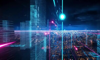 Futuristic city network with dynamic digital light streams and data transfer - Powered by Adobe