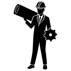 Fototapeta premium Engineer holding blueprint scroll and gear hard hat