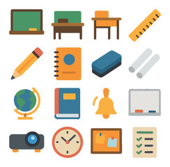 Chalkboard & Classroom Items modern flat style . Chalkboard, Teacher desk, Student desk, Ruler, Pencil, Notebook, Blackboard eraser, Chalk, Globe, Textbook, School bell